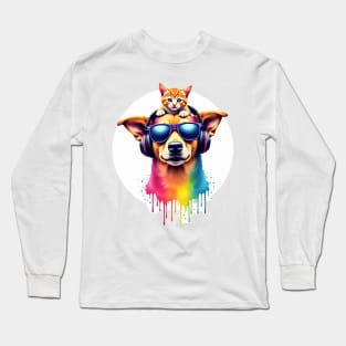 Cool dog with headphones and a cute cat on his head for both cat and dog lovers Long Sleeve T-Shirt
